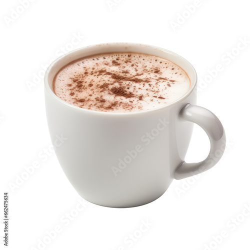 Hot chocolate drink with white cup isolated on transparent background.