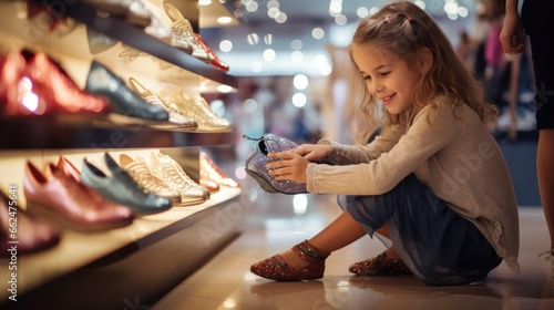 A little girl trying on a pair of sparkling shoes, gazing down at them with enchantment in a shoe store.