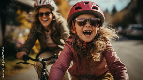 little girl with a bright pink helmet, nervously but excitedly pedaling a bike, with mom