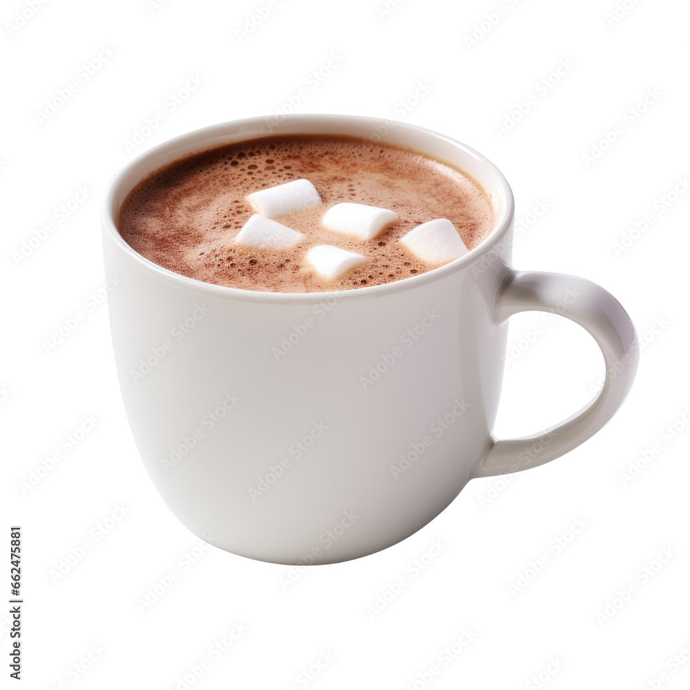 Fototapeta premium Hot chocolate, marshmallow drink with white cup isolated on transparent background.