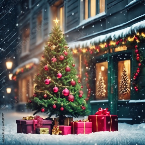A Christmas tree with beautiful decorations outside with snow and  red new year gifts .