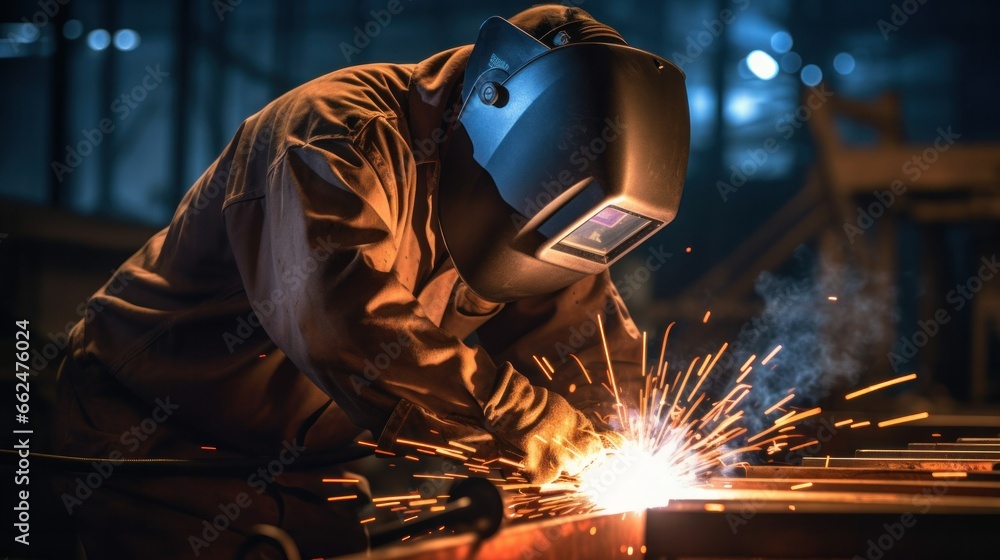 A welder welds wearing a protective mask