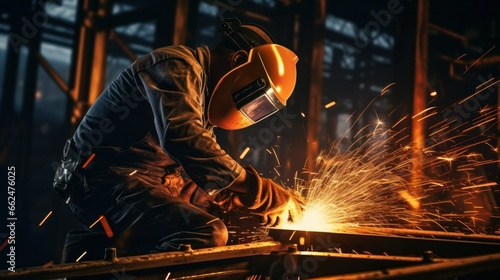 A welder welds wearing a protective mask