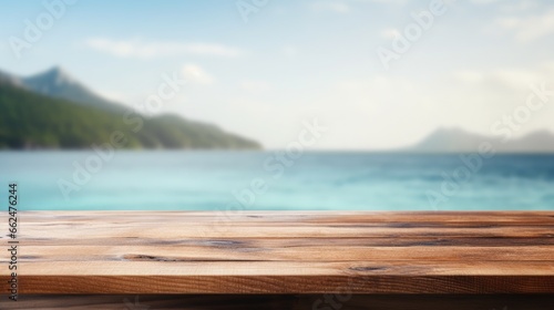 Wooden surface for product display montages with sea background
