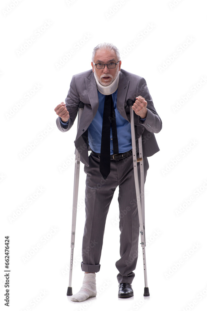 Old businessman after car accident isolated on white Old businessman after car accident isolated on white