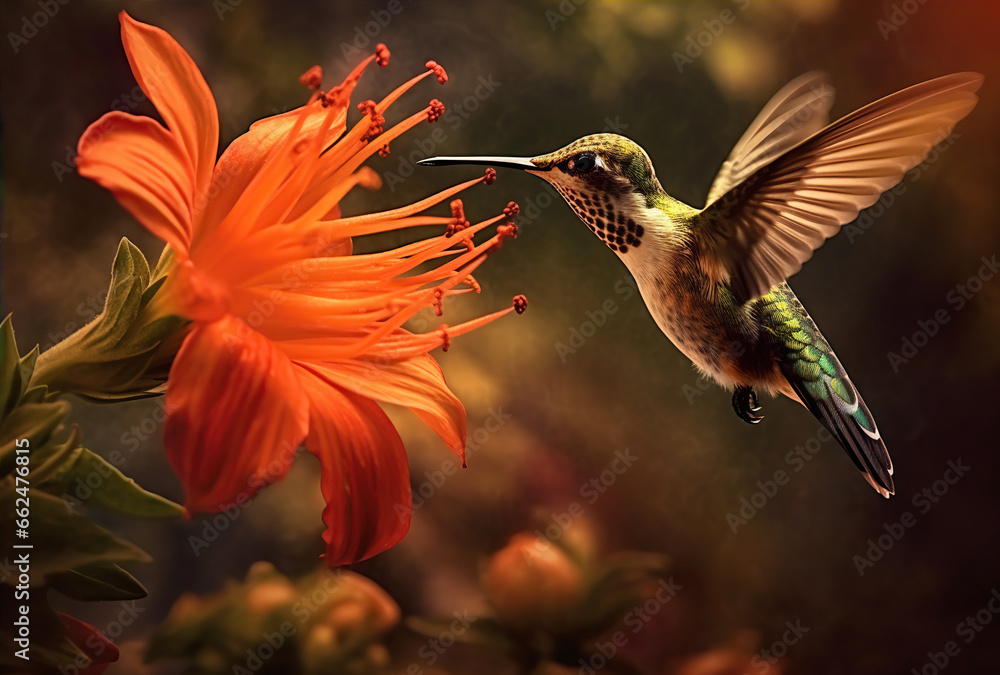 Fototapeta premium Scaly-breasted hummingbird feeding on flowers. Created with Generative AI