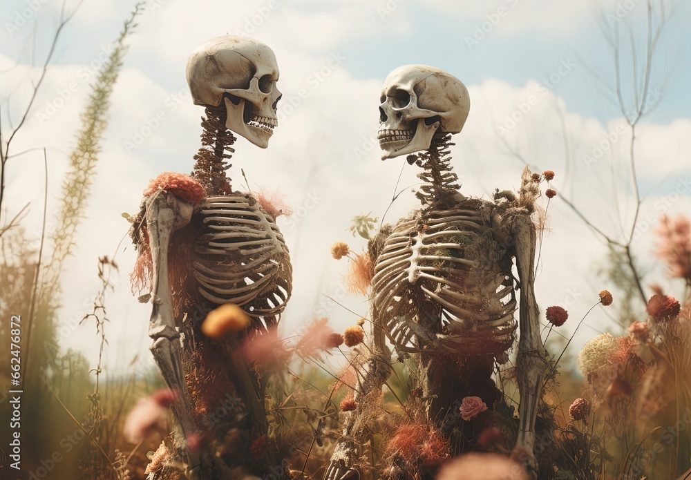 skeleton corpse of couple lover with flower grow on theme, forever love, eternal love,  Generative Ai - obrazy, fototapety, plakaty 