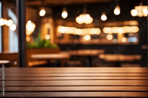 Clear wooden table with soft-focus lights in a blurred background of an outdoor cafe. High-quality image.