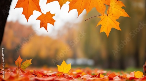 Autumn and Year-End Event Web Banner Featuring Red and Yellow Maple Leaves with Soft Focus and Bokeh Background