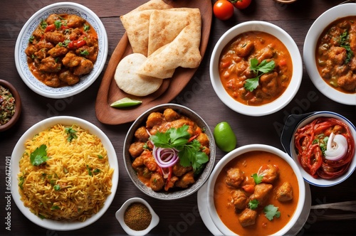 Traditional Indian Cuisine Displayed on Wood Table, Variety of Spicy Dishes