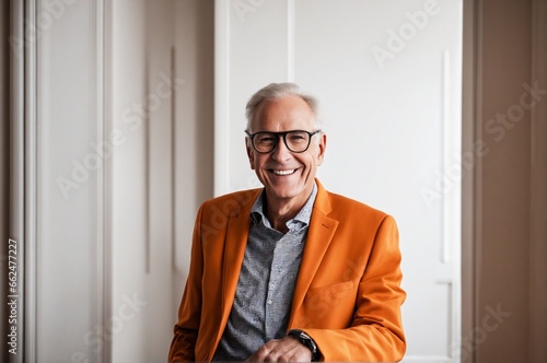 Portrait of a Cheerful Elderly Man in Orange Jacket and Glasses Against a White Background