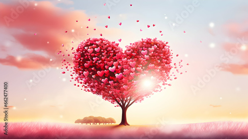 An intricate heart-shaped tree with branches adorned in vibrant red and pink leaves, symbolizing love and Valentine's Day.