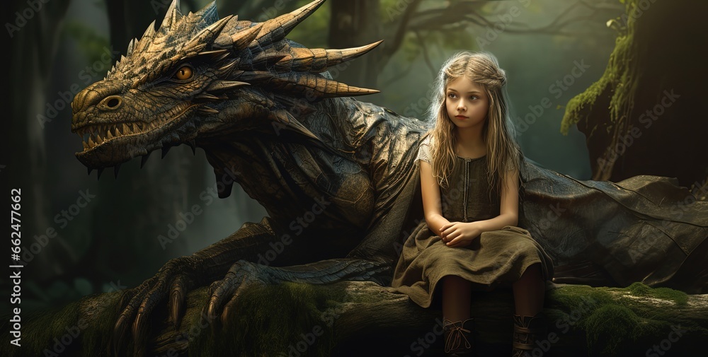 close up portrait of young with dragon friend, fairytale ambient fantasy, lush forest background,  Generative Ai