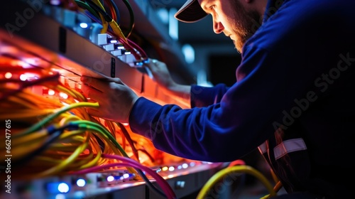 An electrician repairs an electrical panel