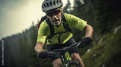 An enthusiastic cyclist, in protective gear, pedaling determinedly up a steep, verdant hill, with perseverance gleaming in his eyes.
