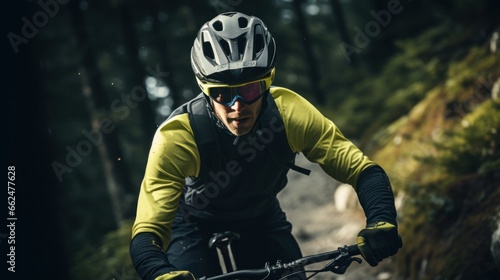 An enthusiastic cyclist, in protective gear, pedaling determinedly up a steep, verdant hill, with perseverance gleaming in his eyes. © PixelPaletteArt