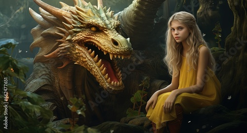 close up portrait of young with dragon friend, fairytale ambient fantasy, lush forest background,  Generative Ai © QuietWord