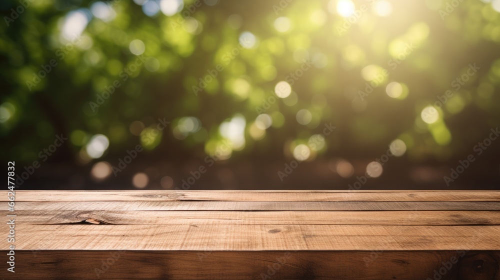 Empty Wooden surface for presentation with blurred garden background, mockup, Space for presentation product Empty Wooden surface for presentation with blurred garden background, mockup, Space for presentation product