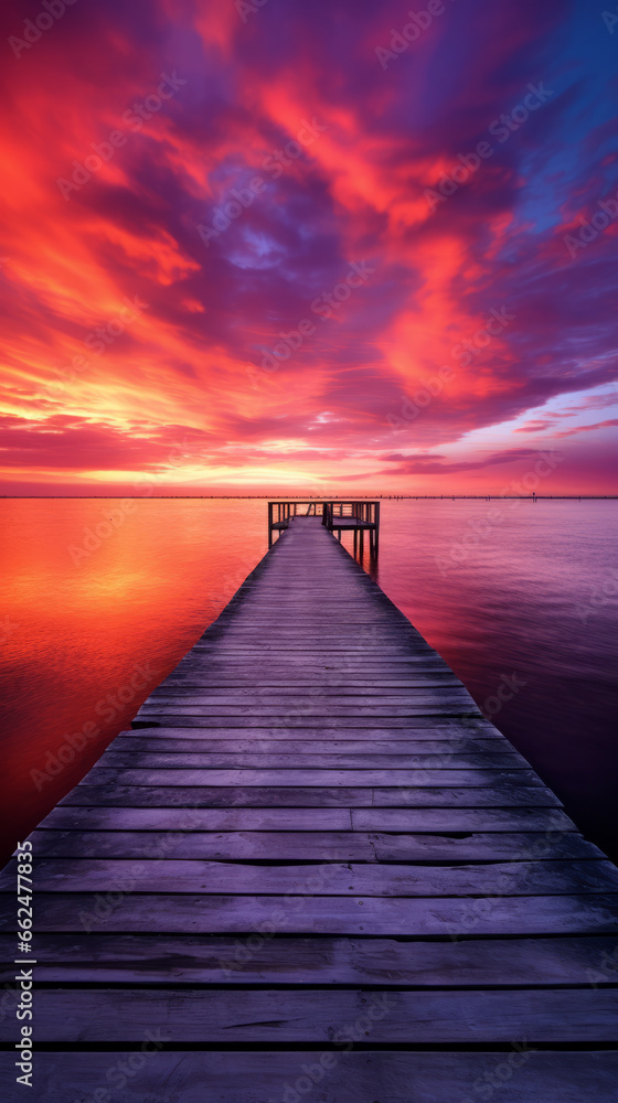 A long dock extending into the ocean at sunset