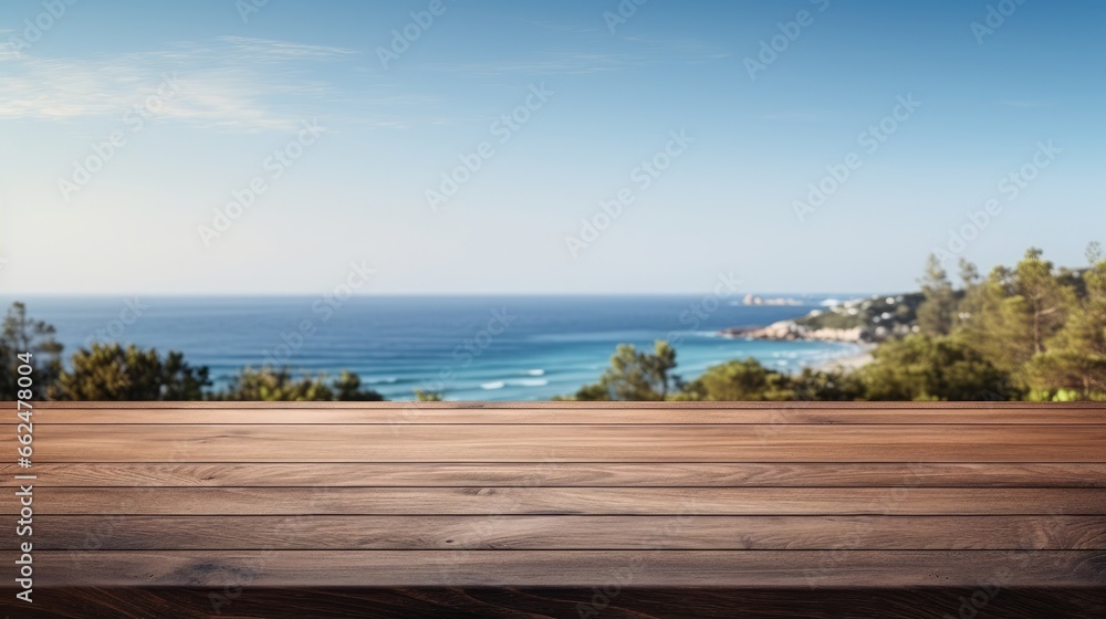Wooden surface for product display montages with sea background