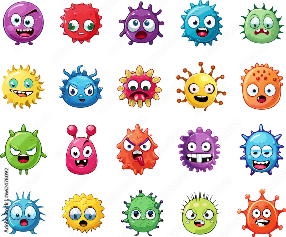 Creepy virus characters. Cartoon funny angry infection monsters, scary comic viral creatures, small parasites beasts isolated on white - obrazy, fototapety, plakaty 