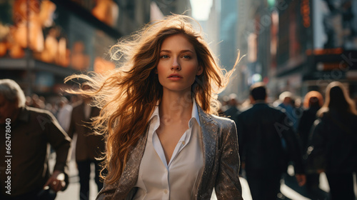 Corporate Power Stroll: Business Woman in the Heart of New York - Fictional Person, Generative AI © FagegCreative