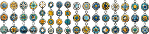 Colour bracelet chain with medallion set. Fashion jewellery charms, jwewllerys chained keychain designs isolated vector on white