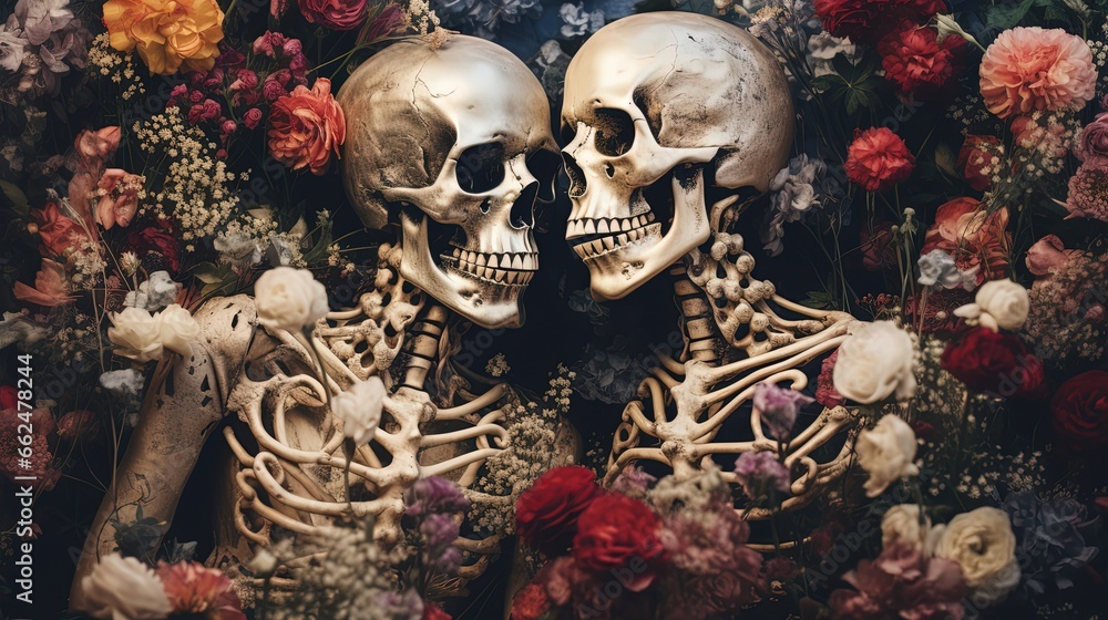  skeleton corpse of couple lover with flower grow on theme, forever love, eternal love, Generative Ai - obrazy, fototapety, plakaty 