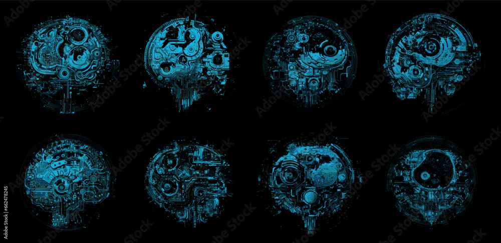 Electronic human brain. AI head digital circuit tech symbols, digital computer technology mind blue icons isolated on black background Electronic human brain. AI head digital circuit tech symbols, digital computer technology mind blue icons isolated on black background