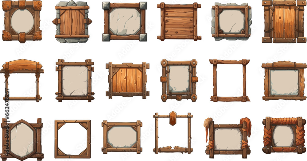 Empty rectangle wooden medieval frames. Wood ancient game gui panels set, old style message planks banners isolated on white background - obrazy, fototapety, plakaty 