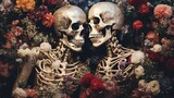  skeleton corpse of couple lover with flower grow on theme, forever love, eternal love, Generative Ai