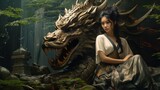 close up portrait of young Asian girl with dragon friend, fairytale ambient fantasy, lush forest background, Generative Ai