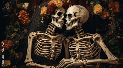  skeleton corpse of couple lover with flower grow on theme, forever love, eternal love, Generative Ai