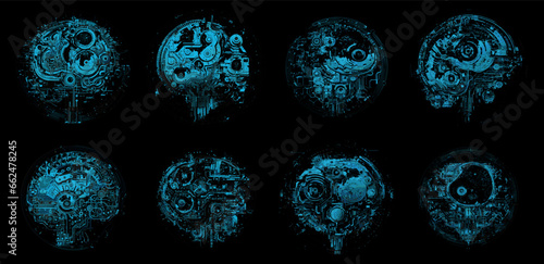 Electronic human brain. AI head digital circuit tech symbols, digital computer technology mind blue icons isolated on black background