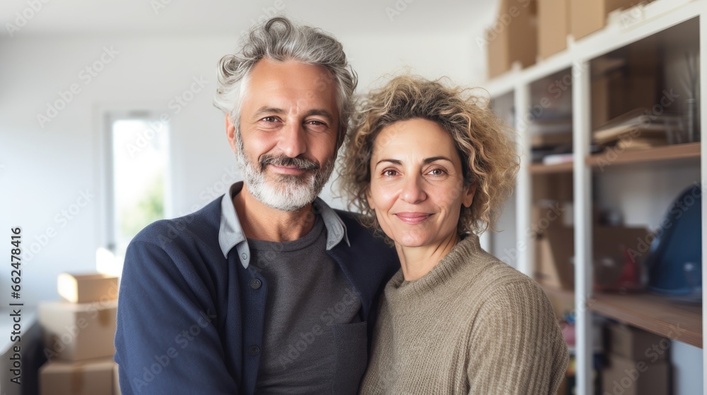 Middle-aged couple moving into a new apartment Middle-aged couple moving into a new apartment