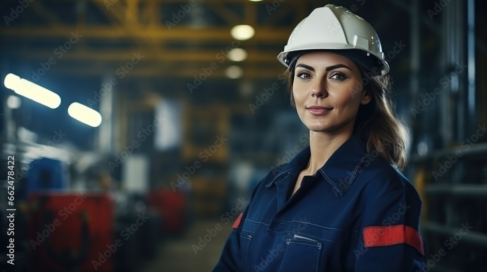 Young woman with a protective helmet in a factory Young woman with a protective helmet in a factory