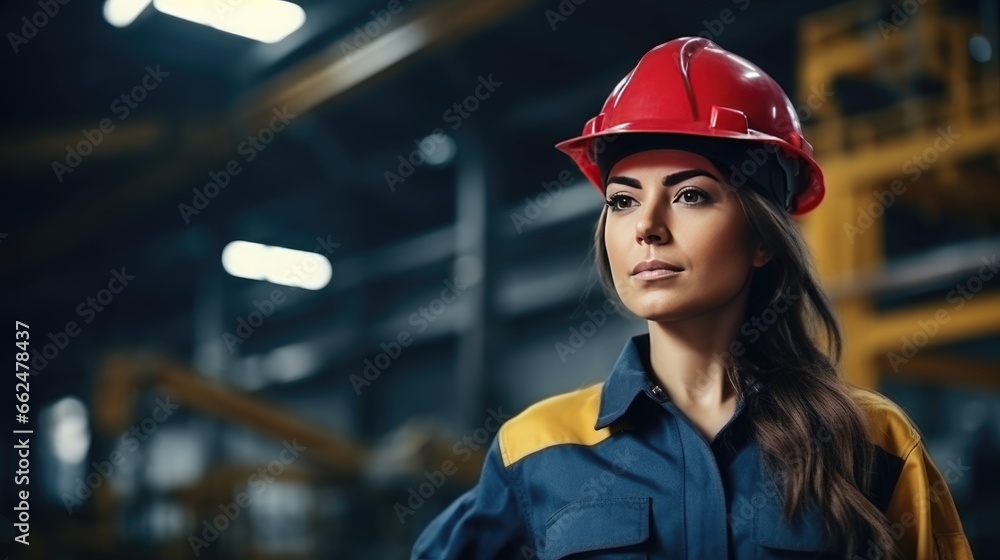 Young woman with a protective helmet in a factory