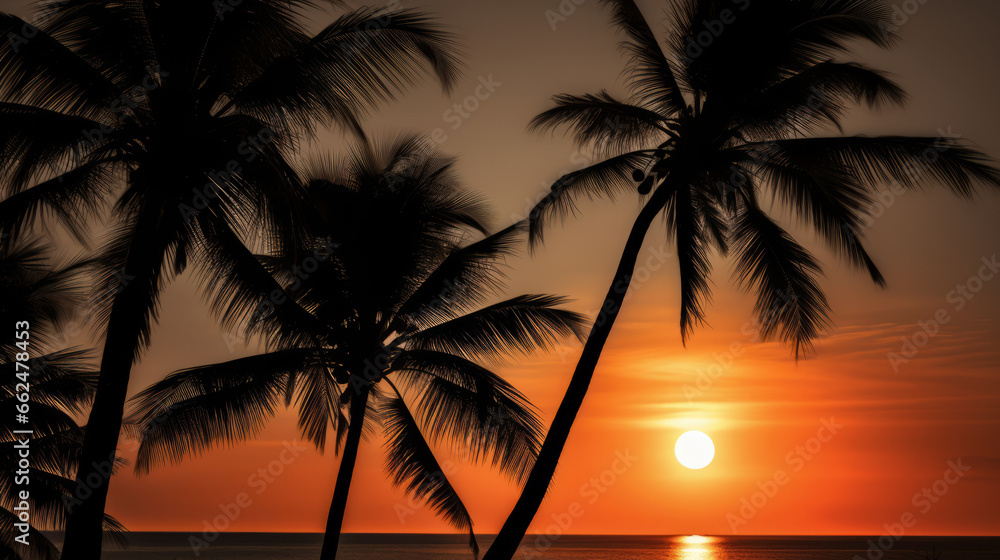 The sun is setting over the ocean with palm trees