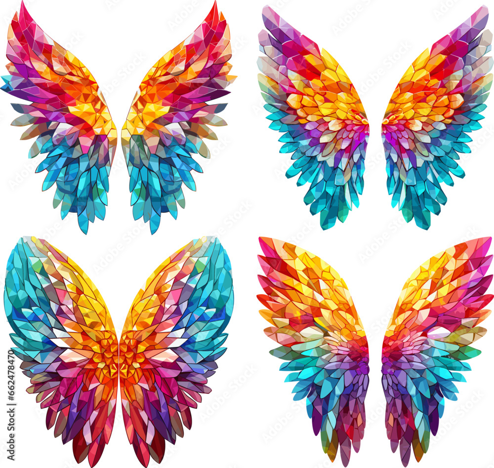 Multicolor butterfly glass wings. Fashion fantasy stainedglass ornament colour plumage, colorful beautiful butterflies decor isolated on white