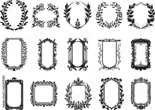 Medieval etching frames. Ornamental floral twigs royal vintage frame elements, foliage etched typographic borders on white