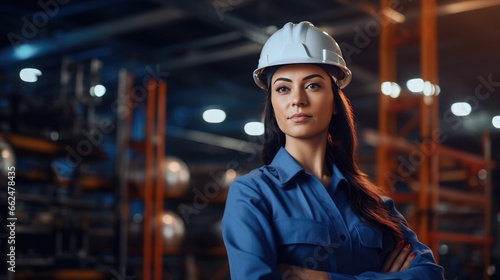 Young woman with a protective helmet in a factory