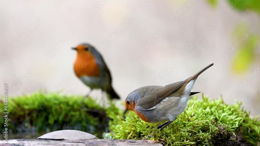 Garden Birds. Robin Erithacus rubecula in the wild. Songbird close up. A bird drinks water. Slow motion. Garden Birds. Robin Erithacus rubecula in the wild. Songbird close up. A bird drinks water. Slow motion.