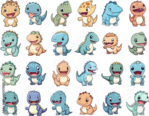 Cute kawaii babies dinosaurus set. Nice dinosaur kids in cartoon color style, sweet little dino children isolated on white background