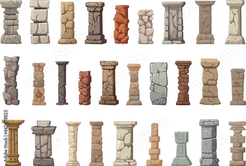 Ancient stone columns. Isolated pillars, stones piles. Cartoon medieval totems or wall elements, decorative tombstones vector clipart