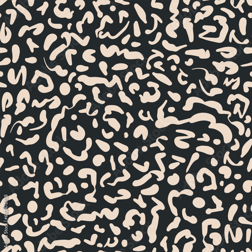 Abstract animal leo seamless repeat pattern. Random placed, vector brush strokes all over surface print on black background.