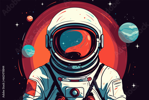 Astronaut in spacesuit against the backdrop of space and planets. Universe adventures and rescue mission, travel and future research. Vector abstract illustration