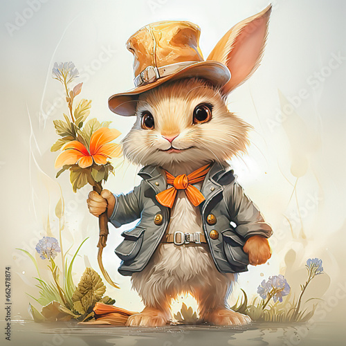 Rabbit in hat with flowers hero character cartoon kids illustration.