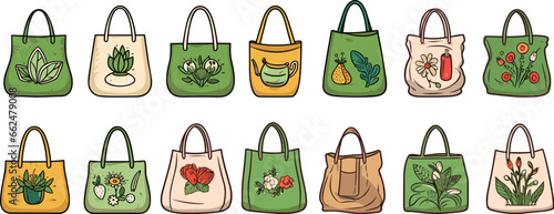 Doodle eco bags collection. Shopping bag icons, doodle packaging reusable fashion elements. Isolated fabric accessories vector clipart
