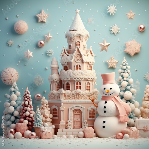 Christmas and New Year background with snowman and house. 3d rendering, AI Generated
