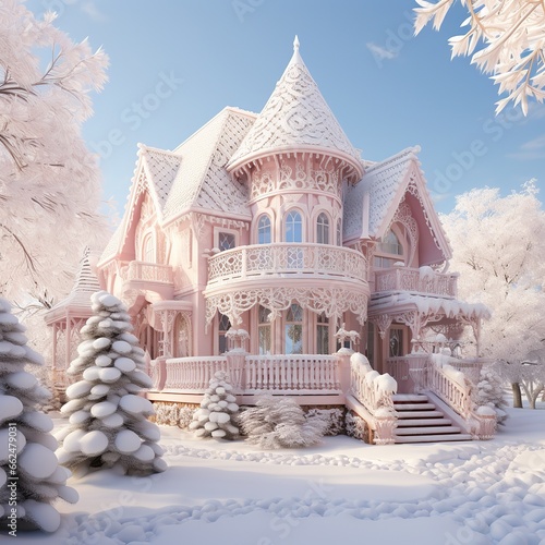 Beautiful winter landscape with snow covered house. 3D illustration, Ai Generated